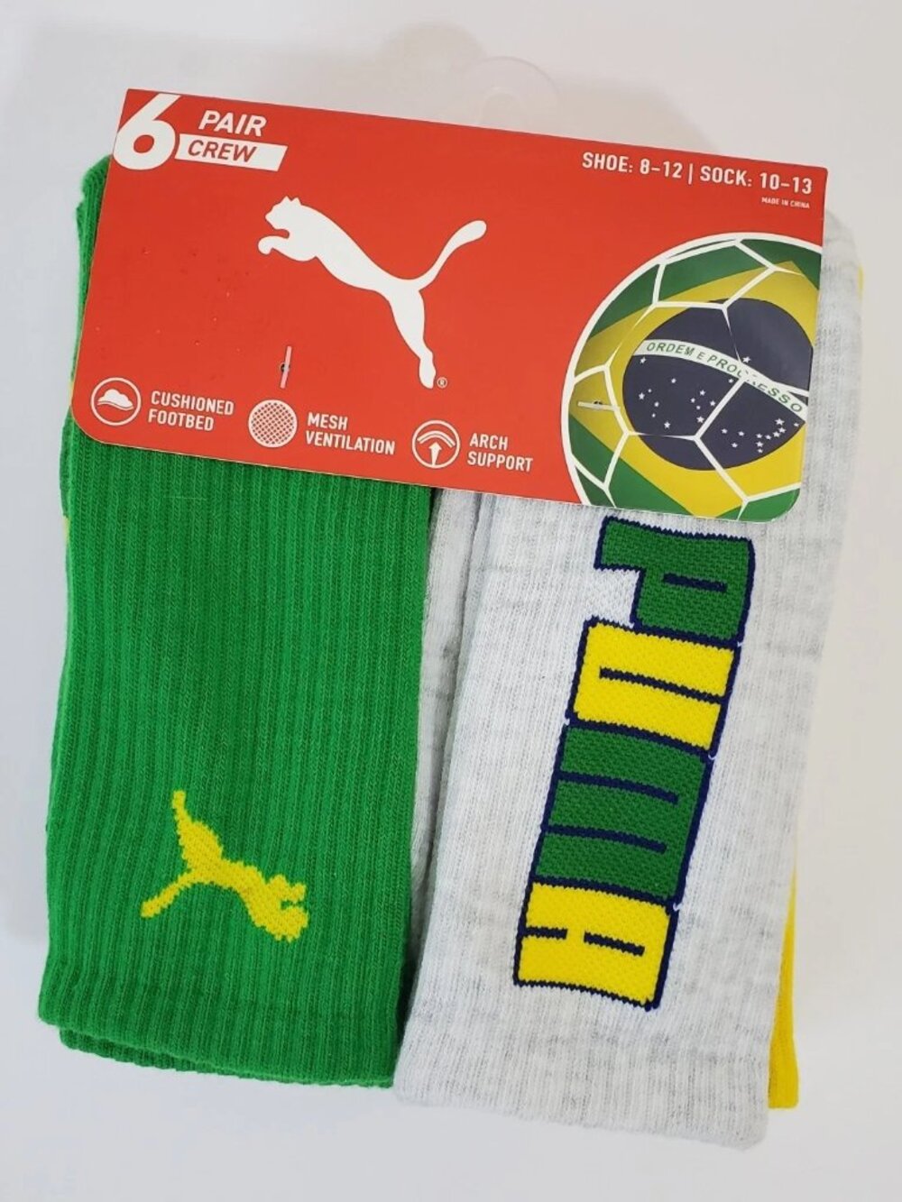 PUMA CREW SOCKS MEN'S 6 PAIR SIZE SHOE 8-12 SOCK 10-13 BRASIL SOCCER